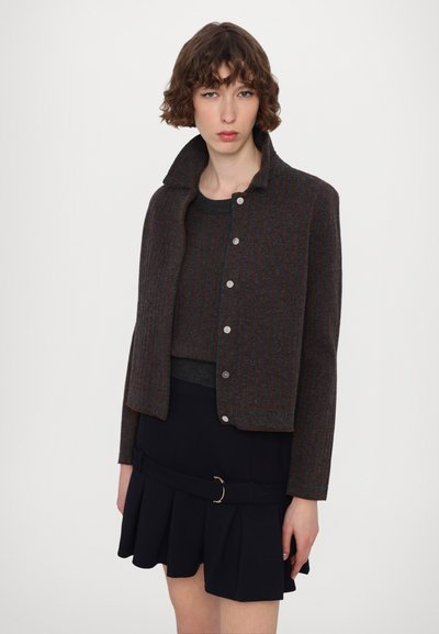 Chaqueta corta a rayas gris y marrón con cuello, con botones plateados. Lleva puesta sobre un suéter oscuro y acompañada de una falda negra con plisados.