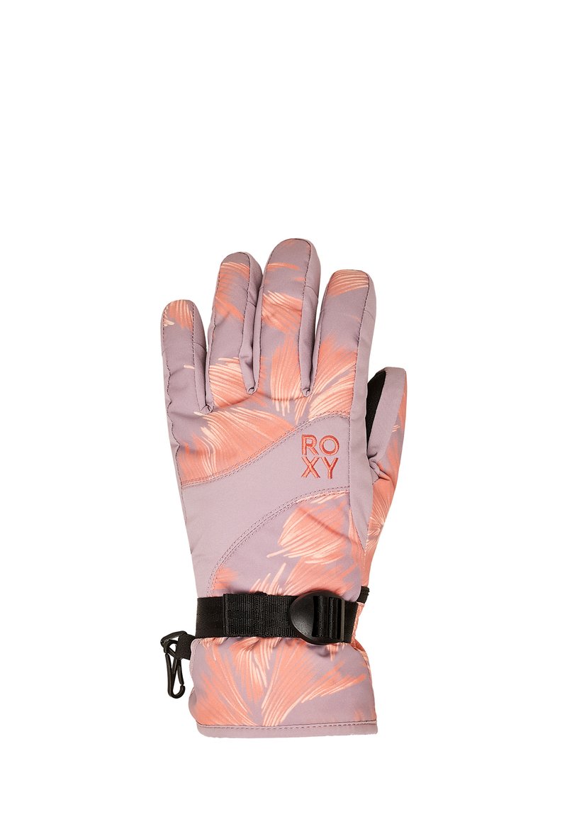 Roxy rukavice v svetlej purpurovej farbe so vzorom pink listov. Medzi vlastnosti patrí bezpečný remienok na zápästí a polstrovaný, izolovaný materiál pre teplo.