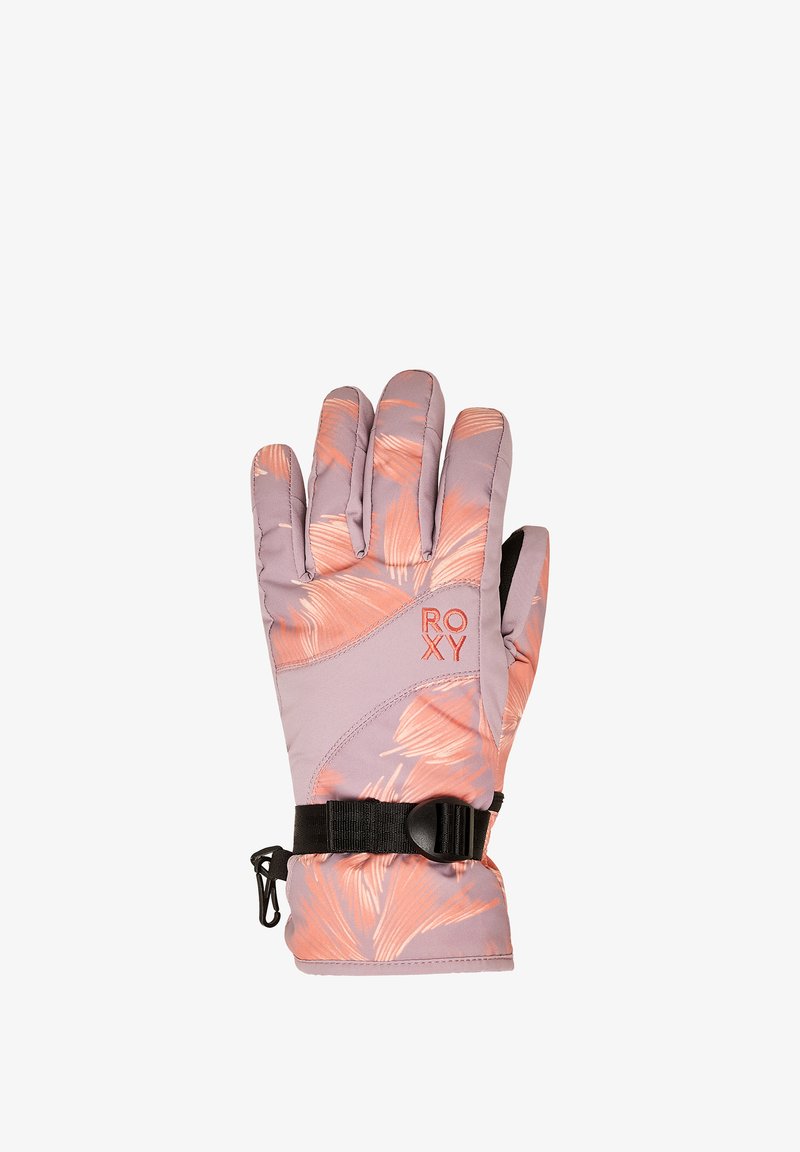 Luvas Roxy em roxo claro com padrões de folhas rosas. As características incluem uma alça de pulso segura e material acolchoado e isolado para aquecimento.