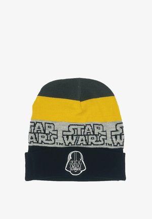 Gorro de punto en negro, gris, amarillo y verde oscuro. Presenta el logo de "Star Wars" y un detalle bordado de Darth Vader. Ajuste elástico.