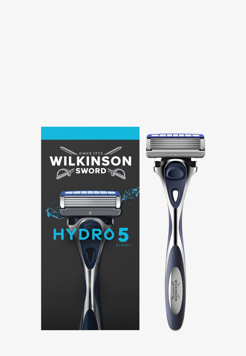 Rasoir Wilkinson Sword Hydro 5 à cinq lames avec manche bleu et argenté, à côté de son emballage noir et bleu marqué de la marque.