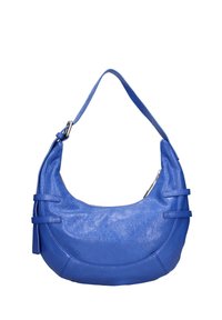 Sac à bandoulière en cuir bleu avec une forme incurvée, doté d'une fermeture éclair et de deux anses plates. Fini avec des détails texturés subtils.