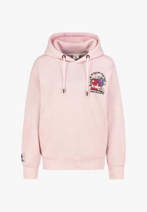 Light pink hoodie with a front pocket, drawstrings, and embroidered graphic featuring fruit and text. Soft fabric with ribbed cuffs.