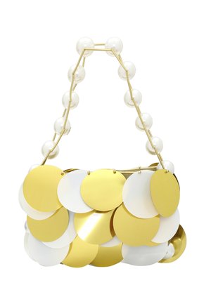 Gold- und weiße runde Pailletten schmücken eine Schultertasche mit einer perlenakzentuierten Kettenriemen. Die Tasche hat ein strukturiertes Design und einen metallischen Glanz.