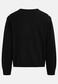 Schwarzer gestrickter Pullover mit Rundhalsausschnitt, langen Ärmeln, gerippten Bündchen und Saum, mit dekorativen Akzenten an den Schultern.