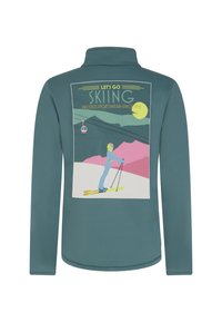 Fleece pullover in teal met een grafische print van skiën, bergen en een kabelbaan. Het ontwerp bevat levendige kleuren en een zachte textuur.