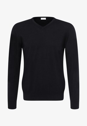 Black V-neck sweater with long sleeves, made of smooth fabric. Features ribbed cuffs and hem, offering a fitted silhouette. No patterns or accents.