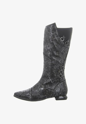 Black cowboy-style boot with a cracked leather texture, pointed toe, and a sturdy block heel. Includes decorative hardware on the side.