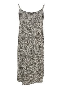 Robe midi sans manches à imprimé léopard avec fines bretelles spaghetti et détails froncés au corsage.