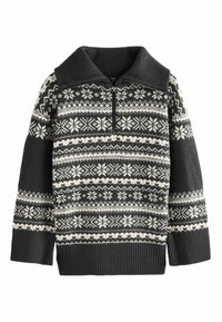 Gebreide trui met een hoge, geribbelde kraag, voorzien van een ritssluiting. Zwart-wit Fair Isle patroon, gestructureerde mouwen en geribde zoom.