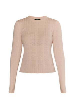 Svetlo roza pulover z dolgimi rokavi z rebrasto teksturo, ki vključuje vzorce s peresi in okroglo ovratnikom. Skrajšan rob s prilagojenimi rokavi.