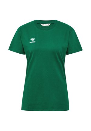 Grünes T-Shirt mit kurzen Ärmeln und Rundhalsausschnitt mit weißem hummel-Logo auf der linken Brust, abgebildet vor schlichtem weißem Hintergrund.