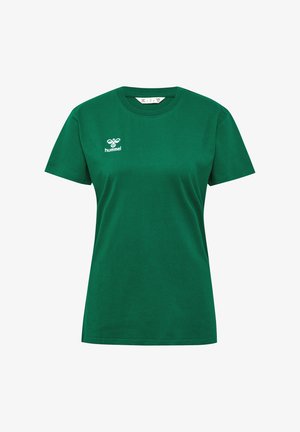 Grünes T-Shirt mit kurzen Ärmeln und Rundhalsausschnitt mit weißem hummel-Logo auf der linken Brust, abgebildet vor schlichtem weißem Hintergrund.