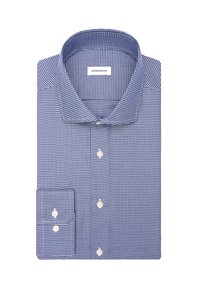 Blauw en witte kleine ruitpatroon lange mouwen overhemd met gespreide kraag en witte knopen, keurig gevouwen.