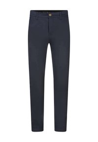Pantalons marine foncé en tissu lisse, à coupe slim, avec fermeture à bouton et design classique à cinq poches.
