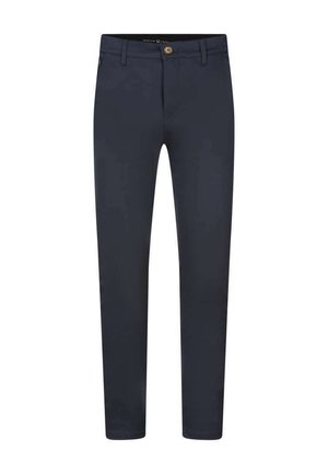 Pantalons marine foncé en tissu lisse, à coupe slim, avec fermeture à bouton et design classique à cinq poches.