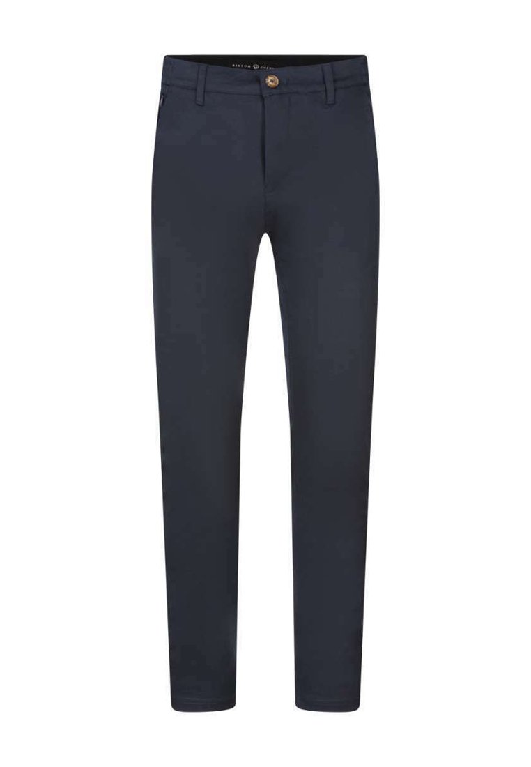 Pantalons marine foncé en tissu lisse, à coupe slim, avec fermeture à bouton et design classique à cinq poches.