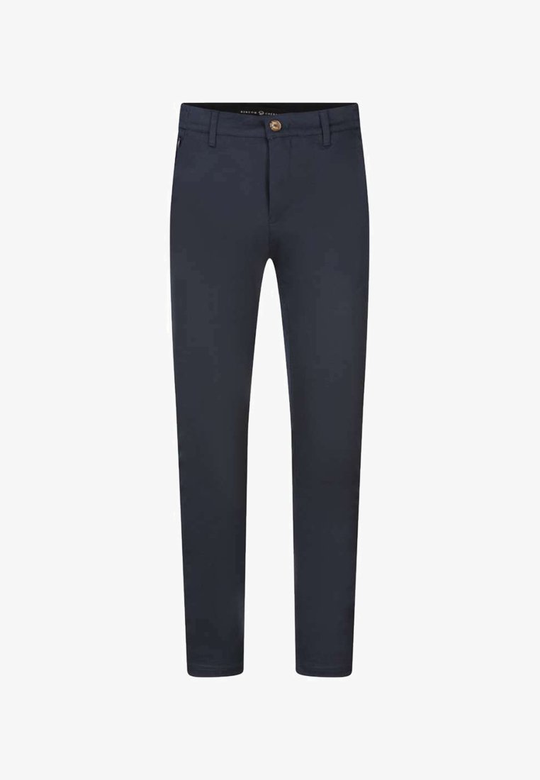 Pantalons marine foncé en tissu lisse, à coupe slim, avec fermeture à bouton et design classique à cinq poches.