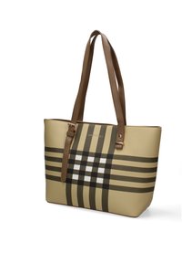 Beige draagtasje met een zwart-wit gestreept patroon, bruine leren accenten en twee stevige handvatten. Heeft een logo aan de voorkant.