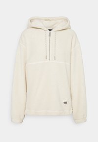 Krämliknande fleecetröja med halvdragkedja, justerbara snoddar och logopatch vid nederkant. Mjuk, strukturerad material.