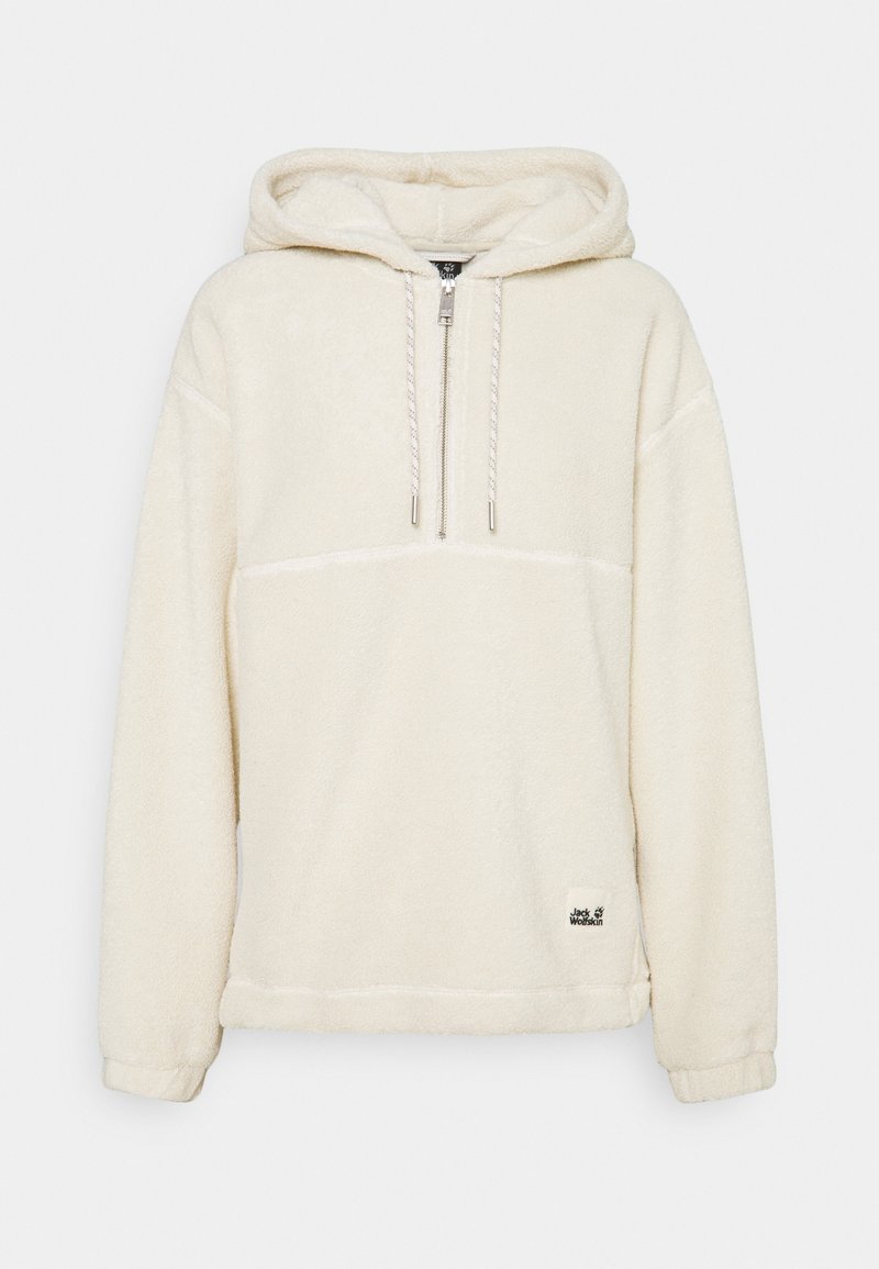 Krämliknande fleecetröja med halvdragkedja, justerbara snoddar och logopatch vid nederkant. Mjuk, strukturerad material.