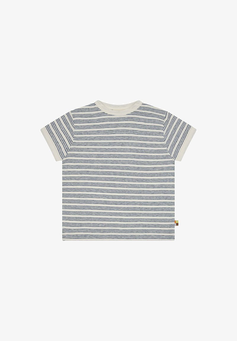 T-shirt a righe con strisce orizzontali blu navy su uno sfondo crema chiaro, con scollatura tonda e maniche corte.