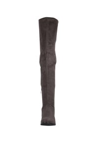 Grijze suedeleren laarzen tot boven de knie met een ronde neus, zijrits en een slim fit ontwerp. Gladde textuur met een zachte afwerking.