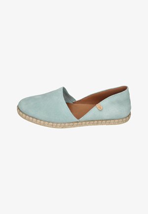 Light blue suede slip-on shoe with natural woven sole and tan interior lining, angled cut on the inner side for easy wear.