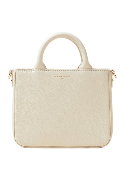 Petit sac rectangulaire en cuir texturé crème. Il possède deux poignées arrondies et un logo doré à l'avant. Fermeture éclair sur le dessus.