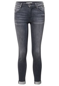 Mörkgrå skinny jeans med en blekt tvätt, fem fickor, metallknappstängning och uppvikta benslut. Tillverkade av denimtyg.