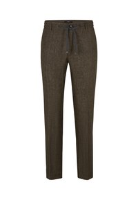 Pantalons marron à motifs avec une coupe droite, dotés d'une taille élastique avec cordon de serrage et d'un tissu texturé. Les détails finaux comprennent une fermeture à bouton.