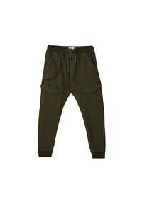 Olijfgroene joggerbroek van zachte stof, met een elastische tailleband met trekkoord, steekzakken aan de zijkant en accenten in cargostijl.