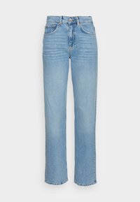 Ljust blå högmidjade jeans i denim, med rak bendesign, femfickorsstil och subtila whiskeringdetaljer.