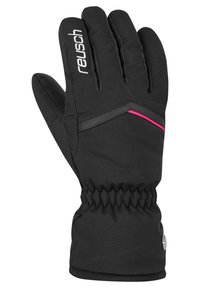 Zwarte geïsoleerde handschoen met een gestructureerde afwerking, voorzien van een roze accentstreep en een elastische, gerimpelde manchette voor een stevige pasvorm.
