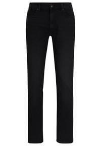 Jeans de mezclilla negra con corte recto, que cuentan con bolsillos delanteros y traseros, pasadores para cinturón y cierre de botón. Textura suave con un acabado liso.