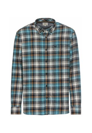 Blauw, bruin en wit geblokt flanellen overhemd met een button-down kraag, lange mouwen en een borstzak. Zachte textuur en relaxte pasvorm.