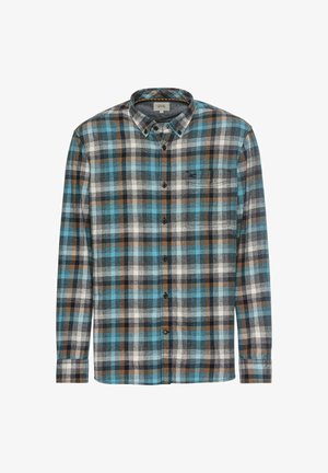 Blauw, bruin en wit geblokt flanellen overhemd met een button-down kraag, lange mouwen en een borstzak. Zachte textuur en relaxte pasvorm.