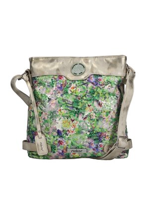 Schultertasche mit verstellbarem Riemen, florales Mehrfarbenmuster, silberne Pailletten und metallisch beiger oberer Rand, Markenlabel "rieker" auf der Vorderseite.
