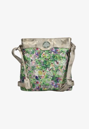 Shoulder bag with adjustable strap, floral multicolor pattern, silver sequins, and metallic beige top trim, brand label "rieker" on front.