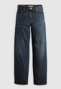 Mörkblå raka jeans med framfickor, bälteshällor, knappstängning och synlig orange söm.