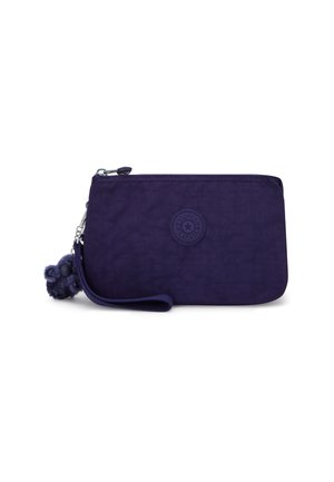 Dark purple rectangular wristlet pouch with zipper closure, circular logo patch, and a small plush keychain attached.