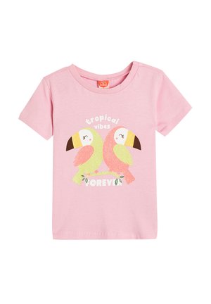 Rosa kurzärmliges T-Shirt aus Baumwolle mit einem glitzernden Druck von zwei tropischen Vögeln und dem Text "tropische Vibes FÜR IMMER."