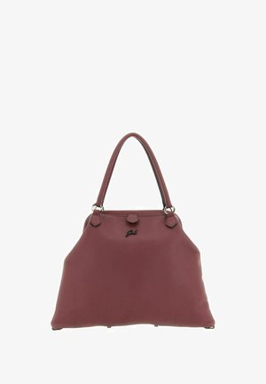 Grande borsa in pelle marrone scuro con doppio manico e un piccolo logo posizionato al centro vicino alla parte superiore.