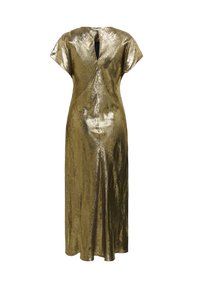Rochie metalizată aurie cu lungime până la jumătatea vițelului, mâneci tip capă, o deschidere în formă de cheie la spate și o textură netedă, strălucitoare.