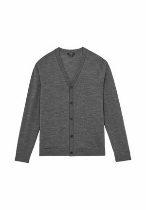 Szürke kardigán pulóver, V-nyakú kialakítással, hosszú ujjú, gombos elülső rész, puha tapintás, kötött anyagból készült. Nincsenek látható minták vagy díszítések.
