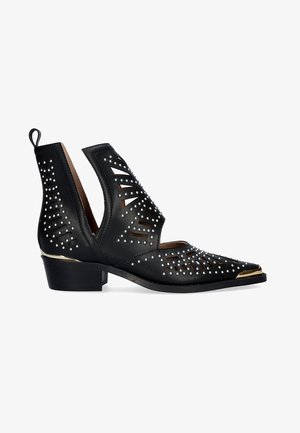 Botas de cuero negro hasta el tobillo con recortes, acentos metálicos y tachuelas decorativas plateadas. Diseño de punta afilada y pequeño tacón cuadrado.