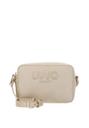 Sac bandoulière rectangulaire beige avec bandoulière réglable et logo embossé « LIU•JO MILANO » sur le devant.