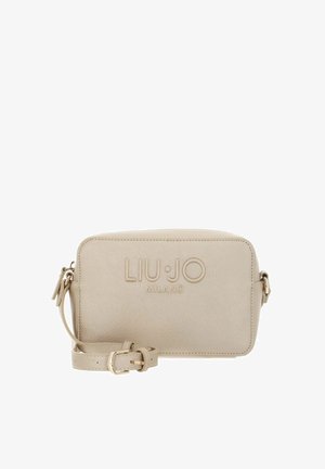 Sac bandoulière rectangulaire beige avec bandoulière réglable et logo embossé « LIU•JO MILANO » sur le devant.
