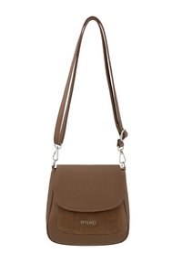 Borsa a spalla in pelle marrone con patta frontale testurizzata, accentuata da suède e tracolla regolabile. Presenta un dettaglio in metallo di colore argento.