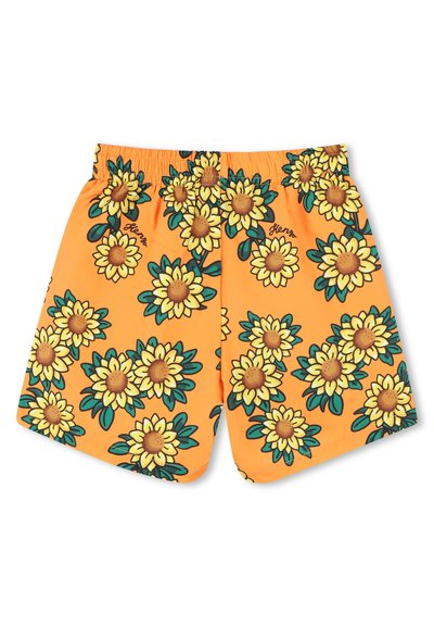 Shorts de bain orange avec un motif de tournesols jaunes et verts, dotés d'une taille élastique et de détails de couture le long des ourlets.